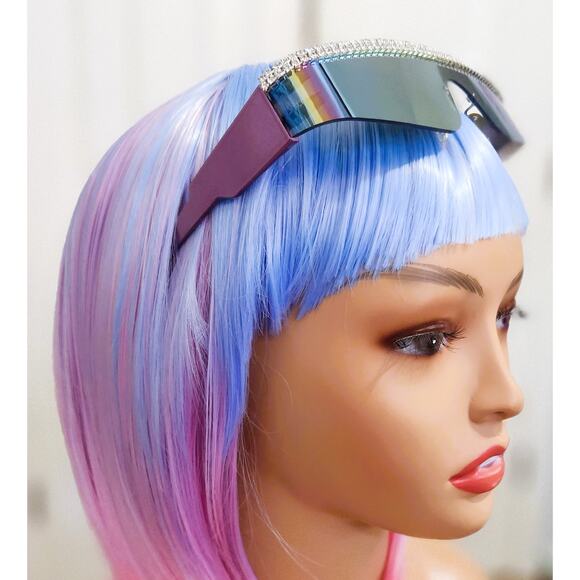 Sunglasses Women Purple Diamond Rimless Futuristic Shield Frameless bling - Picture 6 of 7